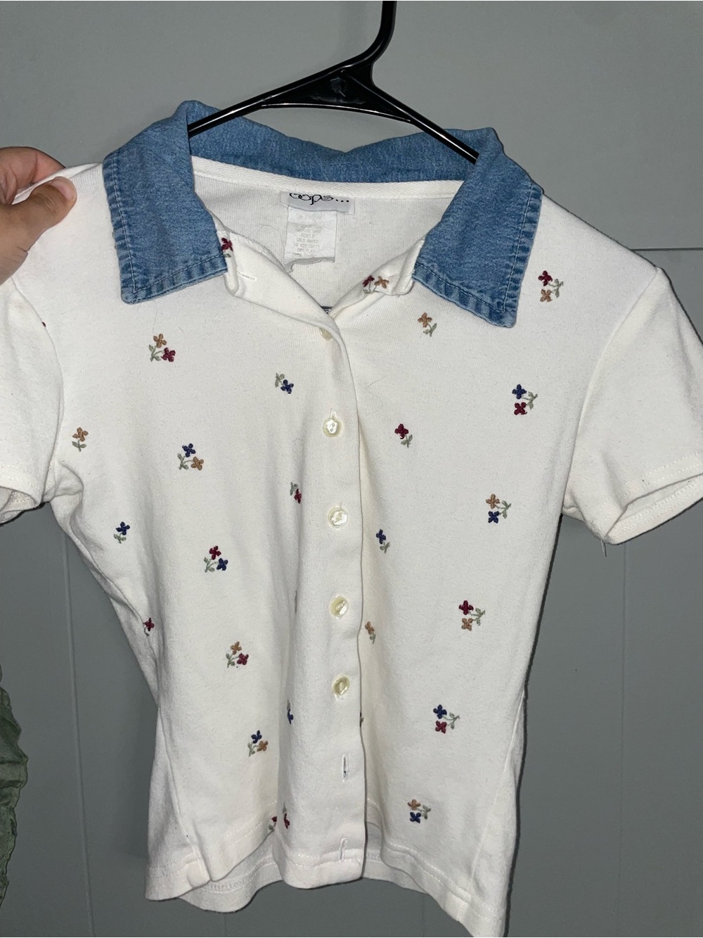 Vintage Denim-Collar Embroidered Polo Shirt button up cottage grandma floral